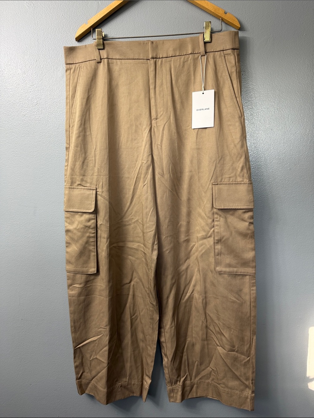 Everlane Women's Wide-Leg Cargo Trousers in a tan or ash brown shade. 12 NWT